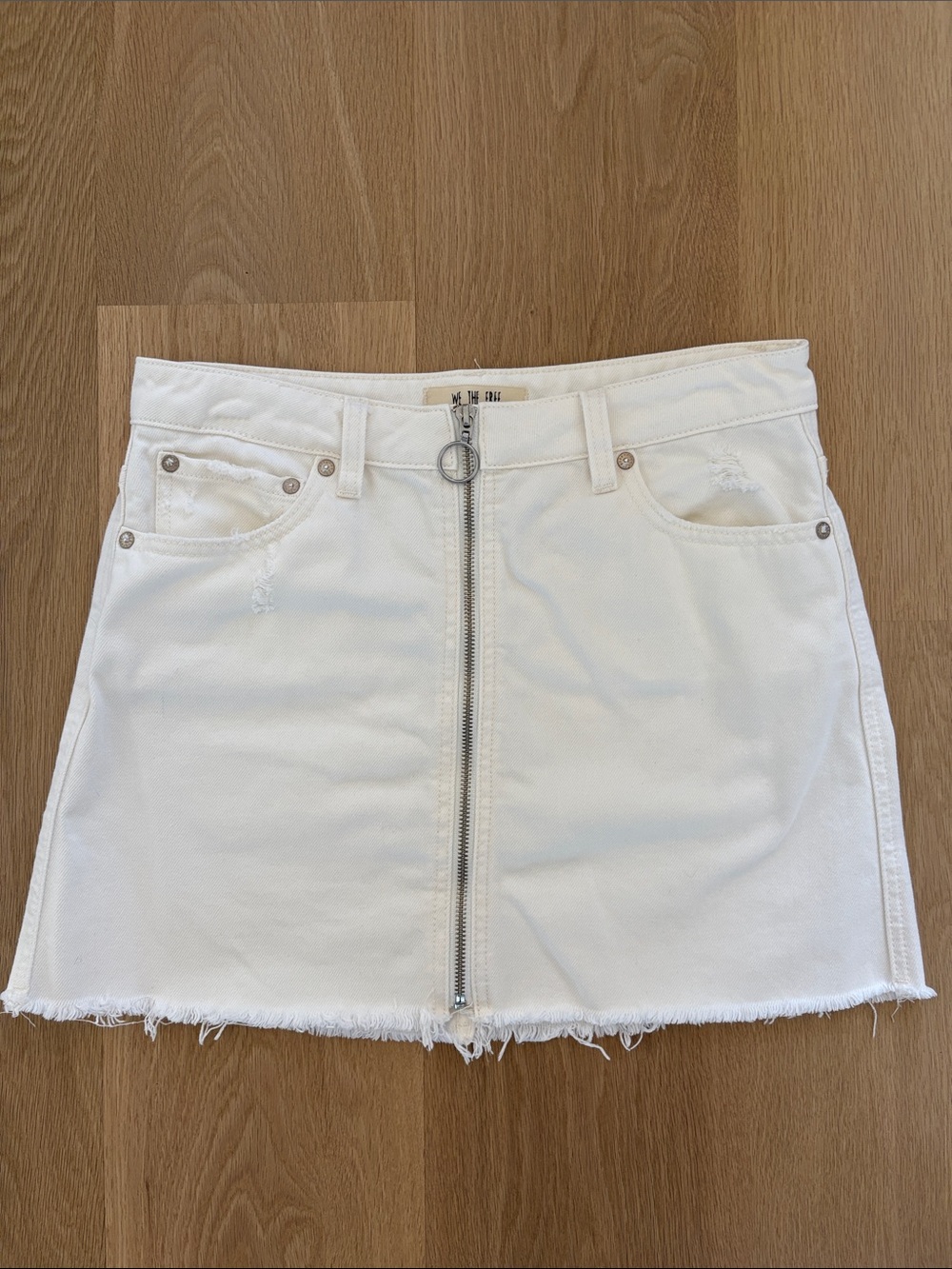 We The Free White Denim Zip-Front Mini Skirt